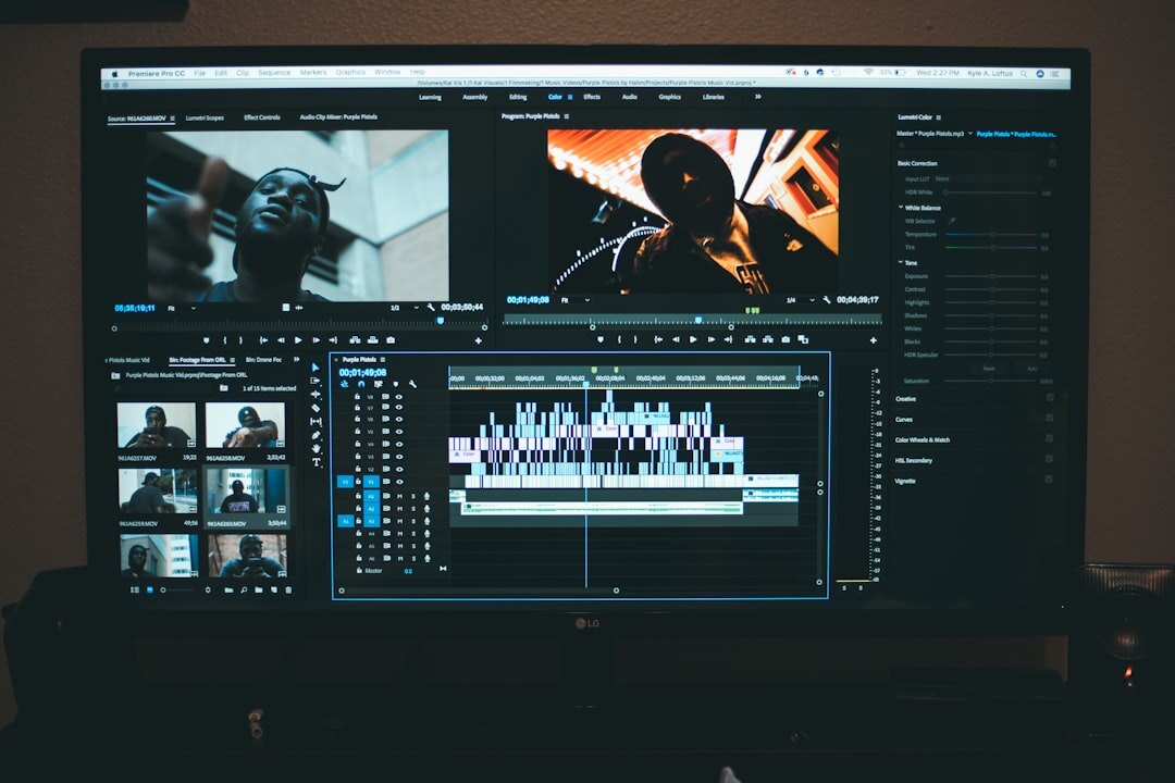 Video editor working on a timeline on a laptop